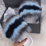 Ethel Anderson Women's Furry Slippers Ladies Vogue Real Fox Fur Hair Fluffy Slides Women's Genuine Fur Sliders