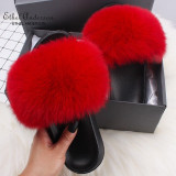 Ethel Anderson Women's Furry Slippers Ladies Vogue Real Fox Fur Hair Fluffy Slides Women's Genuine Fur Sliders