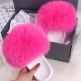 Ethel Anderson Women's Furry Slippers Ladies Vogue Real Fox Fur Hair Fluffy Slides Women's Genuine Fur Sliders