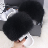 Ethel Anderson Women's Furry Slippers Ladies Vogue Real Fox Fur Hair Fluffy Slides Women's Genuine Fur Sliders