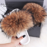 Ethel Anderson Women's Furry Slippers Ladies Vogue Real Fox Fur Hair Fluffy Slides Women's Genuine Fur Sliders