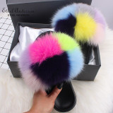 Ethel Anderson Women's Furry Slippers Ladies Vogue Real Fox Fur Hair Fluffy Slides Women's Genuine Fur Sliders