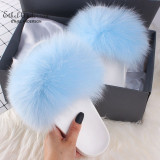 Ethel Anderson Women's Furry Slippers Ladies Vogue Real Fox Fur Hair Fluffy Slides Women's Genuine Fur Sliders