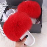 Ethel Anderson Women's Furry Slippers Ladies Vogue Real Fox Fur Hair Fluffy Slides Women's Genuine Fur Sliders