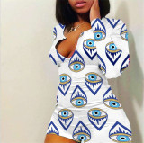 2020 Sexy Women V-neck Bodycon Sleepwear Jumpsuit Bodysuit Shorts Romper Bodysuit Leotard Long Sleeve Lips Print Button Bodysuit
