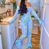 Joskaa Sexy Fashion Print Off Shoulder Backless Rompers Womens Jumpsuit Summer One Piece Outfits Long Sleeve Bodycon Jumpsuit