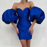 VGH Elegant Women Summer Dress Slash Neck Lantern Short Sleeve Ruched High Waist Mini Dresses For Female Clothes Fashion Tide