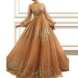 2019 Luxury Champagne Sequin Celebrity Dresses Long Sleeve High Neck Evening Runaway Red Carpet Gowns A-line Prom Party Dress