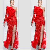 Red 2019 Formal Celebrity Dresses Mermaid One-shoulder Long Sleeve Lace Slit Sexy Long Evening Dresses Famous Red Carpet Dresses