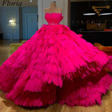 Fuchsia Luxury Feather Celebrity Dresses 2019 Ball Gown Strapless Gorgeous Red Carpet Dress Award Ceremony Party Gowns With Sash