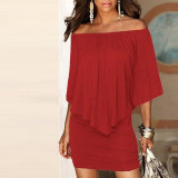 Women sexy off shoulder slash neck ruffle cape bodycon mini dress Purple red black summer dress Ladies night club party dresses