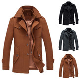 Men's Casual Wool Trench Coat Fashion Business Long Thicken Slim Overcoat Jacket