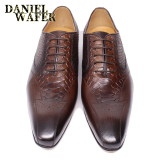 LUXURY MEN LEATHER SHOES SNAKE SKIN PRINTS CLASSIC STYLE BLACK COFFEE POINTED TOE LACE UP OXFORD SHOES FOR MEN