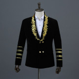Gold Embroidery Blazer Jacket Men Casual Lapel Double Breasted Mens Black Suit Stage Prom Show Singer Military Dress Homme