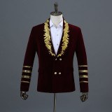 Gold Embroidery Blazer Jacket Men Casual Lapel Double Breasted Mens Black Suit Stage Prom Show Singer Military Dress Homme