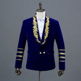 Gold Embroidery Blazer Jacket Men Casual Lapel Double Breasted Mens Black Suit Stage Prom Show Singer Military Dress Homme