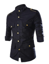 Men Shirt 2019 Fashion Korean Wild Long Sleeve Casual Shirts Men Epaulet Buttons Decorate Uniform Slim Fit Men's Clothing Black