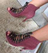 Linamong Women Elegant Open Toe Suede Leather Stiletto Heel Short Gladiator Boots Lace-up Rose Red High Heel Ankle Booties Heels