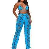 Women's Butterfly Print Ruffle Full Pants Mesh See-through Loose Wide Leg Trousers Fashion Casual Daily Sexy Transparent Pants