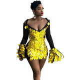 Sexy Sequin Party Dress Women Autumn Flare Long Sleeve Deep V Neck Bodycon Glitter Dress Elegant Patchwork Black Mini Club Dress