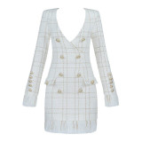 High Quality Celebrity Beige Long Sleeve Botton Fashion Dress Evening Party Noble Dress