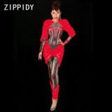 New Red Flowers Rhinestones Spandex Jumpsuit Sexy Appliques Women's Birthday Celebrate One Piece Costume Nightclub Dance Outfit