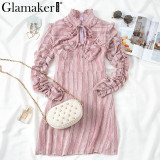 Glamaker Purple hollow out sexy mini dress Women elegant party club night spring dress Female long sleeve ruffle bodycon dress
