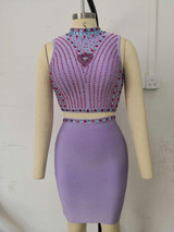 High Quality Celebrity Purple Two Pieces Set Sexy Rayon Bandage Dress Club Party Dress Vestidos