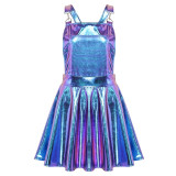 Women Shiny Metallic Holographic Dress Rave Festival Clothes Costumes Night Club Singer Dancewear Braces Mini Suspender Dresses