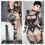 Woman Black Print Jumpsuit Sexy Nightclub Bar Dance Wear Bodysuit Birthday Celebrate Outfit Performance Clothing