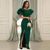 Women Party Dresses Maxi Ruffle Sleeves Slit Christmas Green Bodycon Long Celebrate Evening Fashion Female Club Vestidos Robes