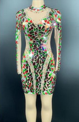 Sexy Stage Flashing Multi-color Rhinestones Mirror Transparent Short Dress Birthday Celebrate Outfit Women Dancer Sequin Dress