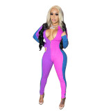 Streetwear Knitted Patchwork Romper Women Zipper Skinny Jumpsuit Long Sleeve Sexy Club Party Bodycon One Piece Overalls