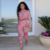 ANJAMANOR Sexy Two Piece Set Women Tie Dye Hollow Out Hole Long Sleeve Bodysuit Leggings Club Outfits Fall Winter 2020 D87-FF31