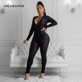 ANJAMANOR Sexy Sheer Mesh Leopard Long Sleeve One Piece Jumpsuit Fall 2020 Women Clothing See Through Club Outfits D63-DC35