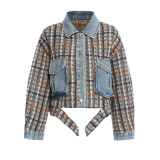 TWOTWINSTYLE Patchwork Plaid Denim Jacket For Women Lapel Long Sleeve Vintage Casual Short Coat Female 2020 Autumn Fashion New