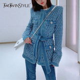 TWOTWINSTYLE Streetwear Hollow Out Denim Women's Jackets O Neck Long Sleeve Pocket Lace Up Jacket Female Autumn Fashion New 2020