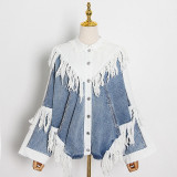 TWOTWINSTYLE Patchwork Tassel Denim Jacket For Women Lapel Long Sleeve Hit Color Streetwear Coats Female 2020 Autumn New Style