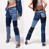 Autumn Patchwork High Waist Straight Denim Pants Women Casual Skinny Ripped Jeans Capris Pocket Long Trousers Ladies Streetwear