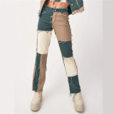Autumn Patchwork High Waist Straight Denim Pants Women Casual Skinny Ripped Jeans Capris Pocket Long Trousers Ladies Streetwear