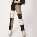 Autumn Patchwork High Waist Straight Denim Pants Women Casual Skinny Ripped Jeans Capris Pocket Long Trousers Ladies Streetwear