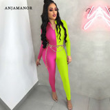 ANJAMANOR Front Zipper Long Sleeve Bodycon Jumpsuit Women Neon Color Black Sexy One Piece Clubwear Outfits Fall Winter D41-AD63