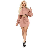 ANJAMANOR Sexy Two Piece Set Hooded Crop Top and Skirt Fall Winter Workout Sweat Suits 2 Piece Sets Womens Outfits D74-CG35