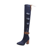 Women Denim Over The Knee High Boots Stretch High Heel Female Shoes Ladies WoMen Pointed Toe Fashion Nice Autumn New
