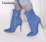 Women New Fashion Pointed Toe Blue Denim Ankle Boots Lace-up Stiletto Heel Short High Heel Boots Sexy Thin Heel Boots