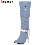ASUMER Plus Size Pointed Toe Women Spring Autumn High Heels Denim Knee High Boots Lady 2020  New Fashion Jean Long Boots