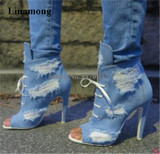 New Arrival Women Fashion Peep Toe Stiletto Heel Denim Short Boots Lace-up Cut-out High Heel Ankle Booties Motorcycle Boots