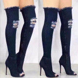 Women Boots 2020 Spring Thigh High Boots Denim Boots Women High Heels Women Shoes Peep Toe Tassel Jean Boot Ladies Shoes