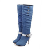 XJRHXJR Plus Size 34-43 Pointed Toe Women Spring Autumn Winter High Heels Denim Knee High Boots Lady New Fashion Jean Long Boots