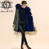 Hot selling 2017 Mr or Mrs furs, dark blue lined jacket army green long winter warm trench coat with raccoon fur collar hood